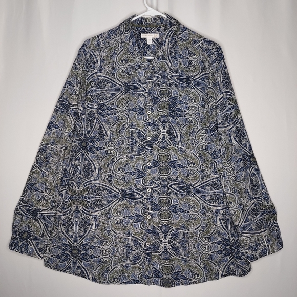 Westport Shirt 2X Blue White Paisley Chiffon Button Collar Long Sleeve Office - Picture 1 of 8
